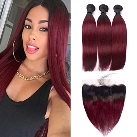 HC Hair Peruvian Ombre Lace Frontal Closure with 3 Bundles Straight 1B/99j Burgundy Virgin Frontal Closure Pre Plucked with Baby Hair Ombre Human Hair Weave (16 18 20 14inch)