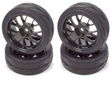 Apex RC Products 1/10 On-Road 12mm Black Mesh Wheels V Tread Rubber Tires (Set of 4) #5002