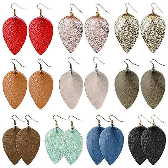 Genuine Leather Earrings Teardrop Leaf- Handmade Lightweight Dangle Antique Looking Petal Summer Earrings Set for Women Girls,Gold/Yellow/Silver/Red