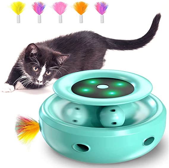 HOFIT Interactive Cat Toy, Ambush and Ball Tracks 2-in-1 Robotic Cat Toy with 4 Exchangeable Feathers, Electric Cat Ball Toys for Indoor Cats/Kitten