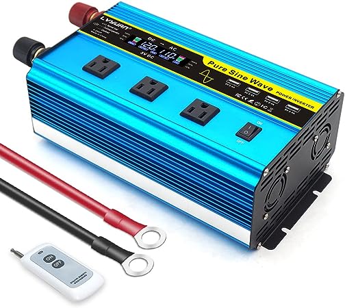 LVYUAN Pure Sine Wave Inverter 1600 Watts Inverter 12V to 110V DC to AC with Remote Controller, LCD Display, 3 AC Sockets and 4 USB Ports