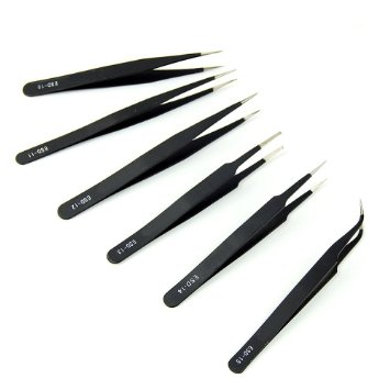 OPCC 6pcs Non-magnetic Steel Fine Curved Tip Tweezers Forceps Anti-static ESD 10 11 12 13 14 15 SMD chip,1PCS Opcc Sticky Notes included