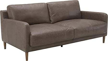 Amazon Brand – Rivet Modern Deep Leather Sofa Couch with Wood Feet, 72"W, Gray