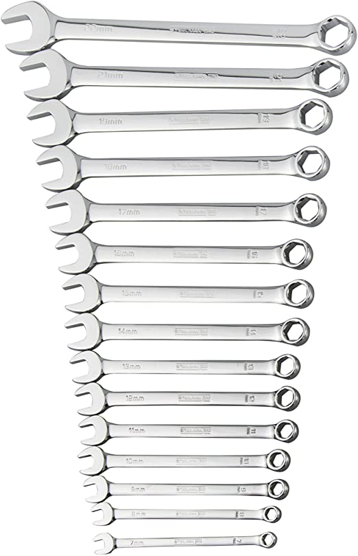 Steelman Pro 78533 15-Piece Metric 6-Point Combination Wrench Set for Mechanics, Chrome Vanadium Alloy Steel, Angled Ends, Storage Rack Included