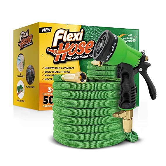 Flexi Hose Upgraded Expandable Garden Extra Strength, 3/4" Solid Brass Fittings The Ultimate No-Kink Flexible Water Hose,8 Function Spray Included, Green