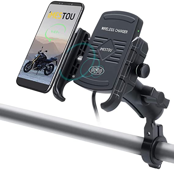 iMESTOU Motorcycle 15W Wireless Charger Phone Mount Double Socket Arm Handlebar Smartphone Holder 360 Rotation Waterproof Switch Qi Charging for iPhone Samsung Sony max. 90mm(W) 11mm(THK) Cellphones