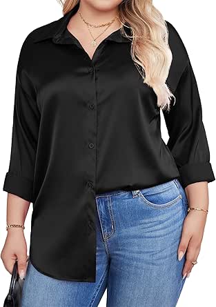 IN'VOLAND Womens Plus Size Satin Blouse Button Down Shirts Casual V Neck Long Sleeve Office Work Tops