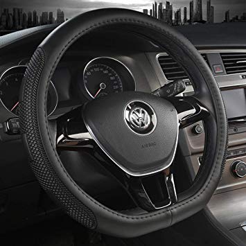 D Type Steering Wheel Cover,Anti-Slip Lines,Breathable,Durable Microfiber PU Leather Steering Wheel Cover for Car SUV Fit Diameter 14.5-15 inch Four Season Universal and Easy to Install (BLACK)