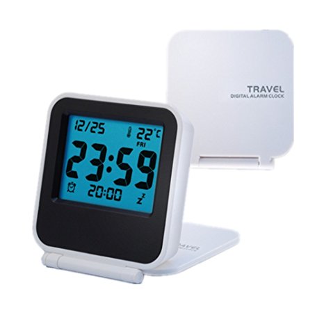 KLAREN Travel Clock with Backlight, Day, Date, Temperature, Alarm White