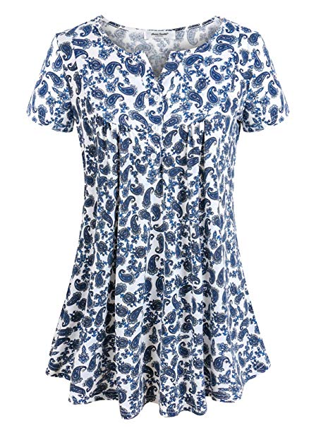 Anna Smith Women's Short Sleeve Split V Neck Floral Printed Pleated Tunic Tops