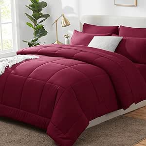 CozyLux Queen Size Comforter Set - 7 Pieces Bed in a Bag Set Burgundy, Bedding Sets Queen with All Season Quilted Comforter, Flat Sheet, Fitted Sheet, Pillowcases, Red, Queen