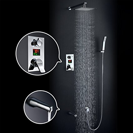 Derpras DPS008 LED Digital Display Wall Mount Bathroom Rain Mixer Shower Combo Set, Water Power, 3 Way Luxury Bath Rainfall Shower System with Tub Spout Faucet, Polished Chrome