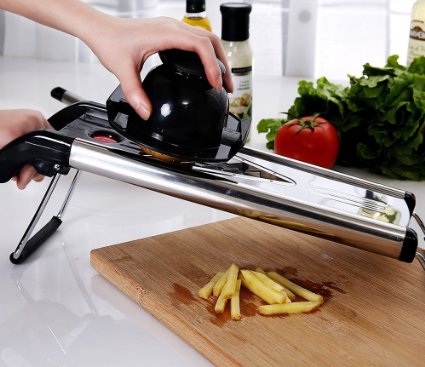 URBAN DEPOT Chef Grade Mandoline V-Blade Slicer, High Quality, 5 Interchangeable Blade Inserts,FREE Cleaning Brush,Grater,Cutter,Hand Guard,Delux Heavy Duty Stainless Steel Construction. Best Price!