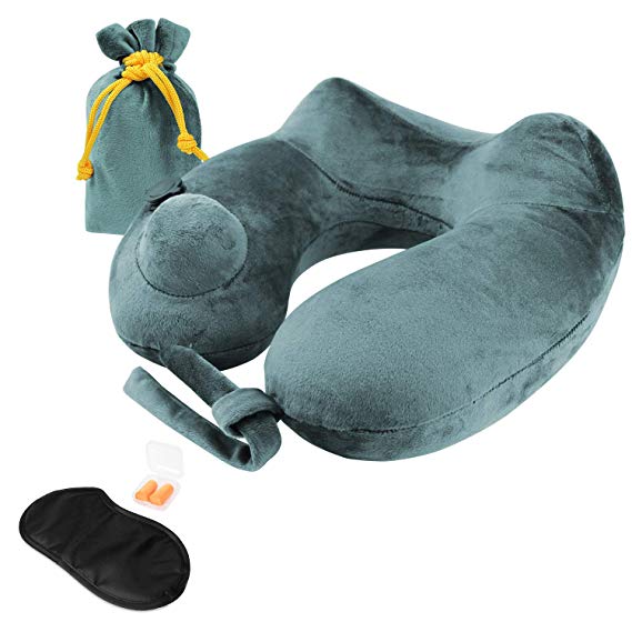 LIANSING Inflatable Travel Pillow, Neck Pillow for Traveling Supports Head, Neck and Chin, Airplane Pillow Kit with Sleep Mask, Earplugs, Pouch Bag, Blue (Grey)