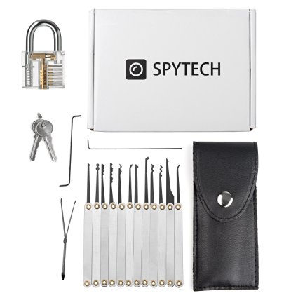 SpyTech 15 Piece Lock Pick Extractor Set for Beginners with Transparent Padlock for Unlocking Practice