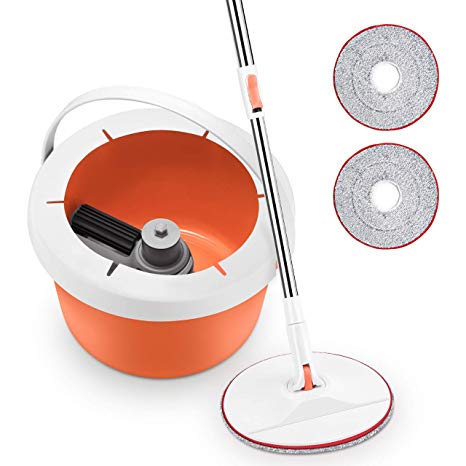 Homitt Spin Bucket Mop, Splash-proof and Durable Bucket Floor Cleaning Kit, 360° Rotation 90° Foldable Bucket Mop with Extension Handle and 2 Machine Washable Spin Mop Pads