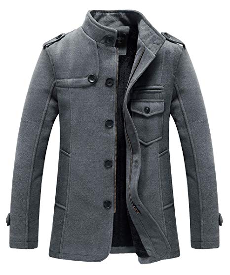 RongYue Men's Winter Pea Coat Wool Blend Single Breasted Military Peacoat Jacke