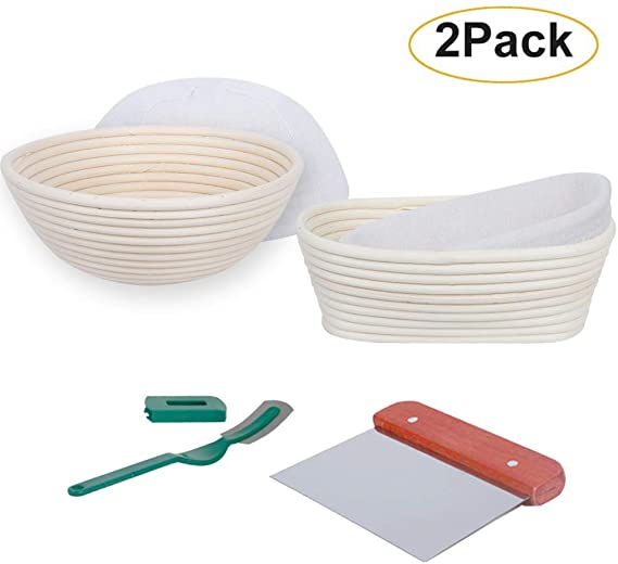 Banneton Bread Proofing Basket Set - 9 Inch Round & 10 Inch Oval, Natural Rattan Sourdough Proofing Baskets with Dough Scraper Linen Liner Cloth Bread Lame for Artisan & Home Bakers (2 Pack)