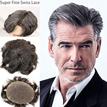 Rossy&Nancy Swiss Full Lace Men’s Toupee 1B Black Color Real Human Hair Mixed 20% Grey Synthetic Hair Replacement for Men Hairpiece
