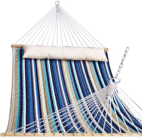 TOUCAN OUTDOOR Double Quilted Hammock, Large Heavy Duty Hammock with Speader Bar, Extra Large Pillow, Blue Stripe