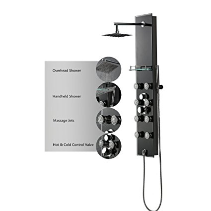 Luxier 026-GS-BLK 51" Aluminum Safety Black Tempered Glass Rainfall Shower Panel Rain Massage System Faucet with Jets & Hand Shower