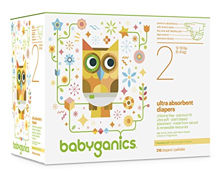 Babyganics Ultra Absorbent Diapers Economy Pack, Size 2, 216 Count