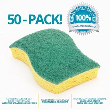 STK 50-Pack Multi-Use Heavy Duty Scrub Sponge-Never Smell Technology-High Quality Viscose Sponges-100% Biodegradable & Eco Friendly-Kitchen-Bathroom-Car-Individually Wrapped-100% Money Back Guarantee