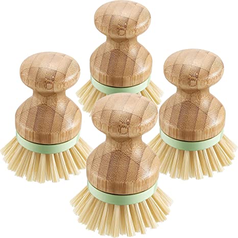 4 Pieces Natural Bamboo Mini Palm Scrub Brush, Bristles Pot Brushes Dish Scrubber for Bathroom, Cast Iron Skillet, Kitchen Sink, Household Cleaning