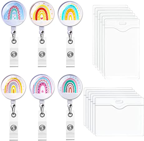 18 Pieces Rainbow Retractable Badge Reel Clips Set, 6 Boho Rainbow Be Kind Retractable ID Badge Holders and 12 PVC Badges, Card Badges with Decorative Belt Clips for Students Teachers Nurse Volunteer