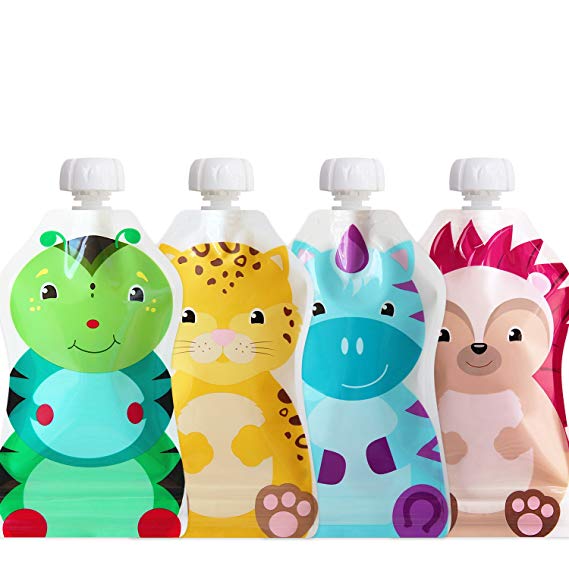 ChooMee Snackn Reusable Food Pouch - 4 CT | 5 oz. | Soft Pouch   Zero Leak Zipper | Enhance their Feeding Experience with Vibrant Colors and Fun Animal Characters