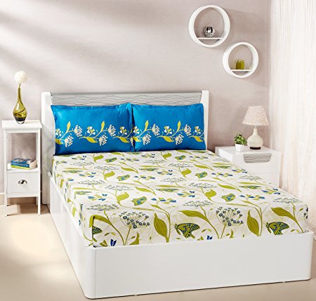 Amazon Brand - Solimo Lily Bloom 144 TC 100% Cotton Double Bedsheet with 2 Pillow Covers, Green