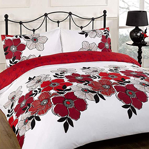 Dreamscene Pollyanna Floral Design Duvet Cover Bedding Set With Pillowcases, Red, Double