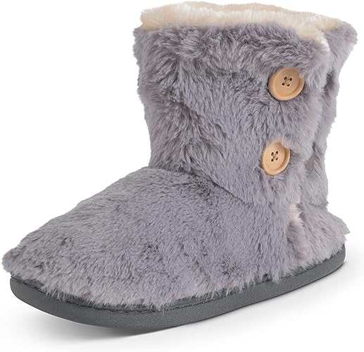 Polar Womens Memory Foam Knitted Button Faux Fur Outdoor Rubber Sole Plush Winter Comfort Slippers