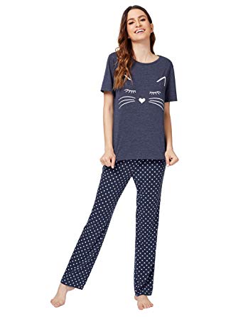 DIDK Women's Kitty Cat Print Tee and Polka Dot Pants Pajama Set