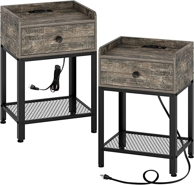 Rolanstar End Table with USB Ports & Power Outlets, Nightstand with Charging Station, Rustic Sofa Side Table with Storage Shelf and Drawer, Stable Metal Frame for Living Room, Bedroom Gray 2Pack