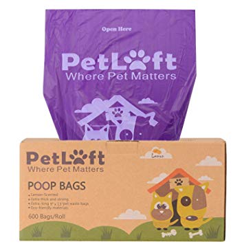 PETLOFT Poop Bags for Dogs, 600-Count Lemon-Scented Durable EPI Biodegradable Environment-Friendly Dog Waste Bag, Dog Poop Bag in Tissue Dispensing Format - Purple (Lemon-Scented)