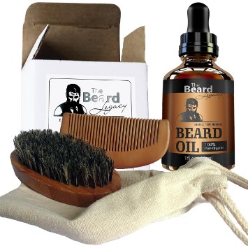 PREMIUM Beard Brush, Comb, Oil-Handmade Kit Made in USA Beard Care 100% Bamboo Natural Boar Bristle Anti-Static No Snag Unscented Leave-In Conditioner Helps Itchiness Dandruff Jojoba Argan Oil