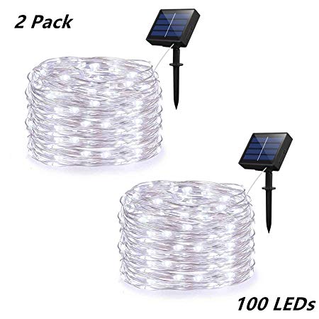 Syka Solar String Lights, 2 Pack Outdoor String Lights with 8 Modes 100 LEDs 33ft Silver Copper Wire, Waterproof Solar Powered Fairy Lights for Garden Gate Yard Patio Dancing Party Trees (Cold White)