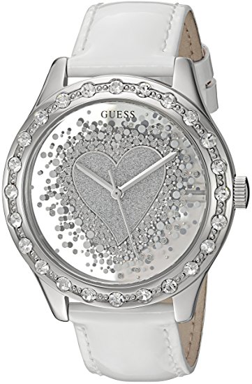 GUESS Women's U0909L1 Trendy Silver-Tone Watch with Silver Dial , Crystal-Accented Bezel and Genuine Leather Strap Buckle