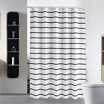 S·Lattye Shower Curtain Liner for Bathroom Water Repellent Fabric Washable Cloth (Hotel Quality, Friendly, Heavy Weight Hem) with White Plastic Hooks - 72" x 72", Standard, Black Stripe