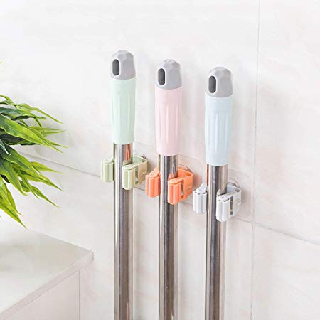 Kurtzy Mop Holder Clip Wall Mounted Brush Broom Storage with Hooks Sticker for Kitchen Bathroom Garage Garden Organizer Tool Pack of 4 Assorted Colours