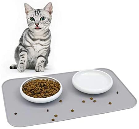 MSBC Cat Feeding and Watering Set Including 2pcs Ceramic Cat Food/Water Bowls(White)   1pcs Silicone Feeding Mat, Food Grade Healthy Material Wide and Shallow Whisker Stress Free Non-Spill