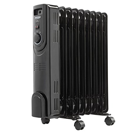Oil Filled Radiator 9 Fin Electric Heater 3 Heat Settings with Adjustable Thermostat, Wheeled Free Standing, , 2000W by Zennox (Black)