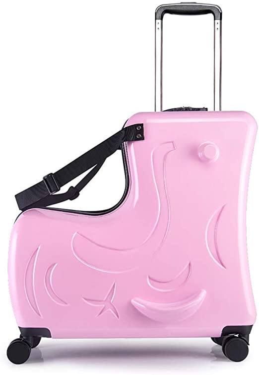 AO WEI LA OW Duffel Bag for Kids Ride-On Suitcase Carry-On Luggage with Wheels suitcase fits to kids aged 1-6 years old (Pink, 20 Inch)