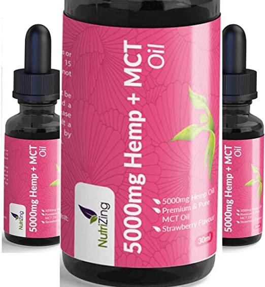 High Strength Hemp Oil Drops Infused in MCT Oil - 100% Pure & Natural - Vegan Source of Omega 3 - Made from Certified EU Hemp by NutriZing - Sustainably Sourced MCT - Strawberry Flavour - 30ml Bottle
