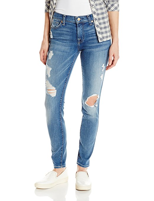 7 For All Mankind Women's the Skinny W/ Contrast Squiggle and Destroy Jean in Stretch Blue Orchid