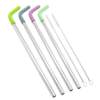 Big Drinking Straws Reusable 12" Extra Long 8mm Extra Wide Food-Grade 18/8 Stainless Steel Silicone Elbows Tips Covers for Smoothie Milkshake Cocktail Juice Hot Drinks - Set of 4   2 Cleaning Brushes