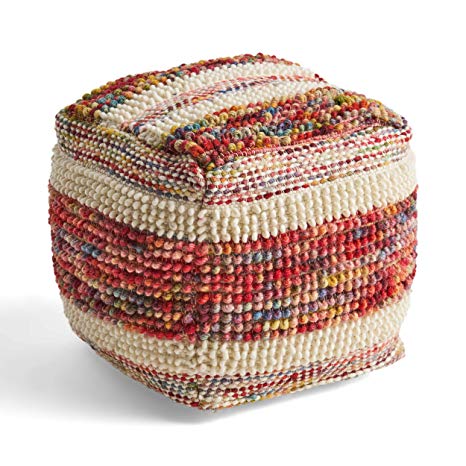Great Deal Furniture Ivy Boho Wool and Cotton Ottoman Pouf, Multicolored and White