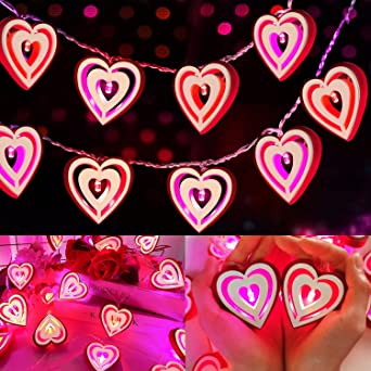 [ Timer ] Valentine's Day Wooden Heart Lights Decorations, 10 Ft 30 LED 3D Red Pink Hearts String Lights Hollow Heart Shaped Fairy Light Battery Operated Valentines Decor Indoor Home Bedroom Wedding