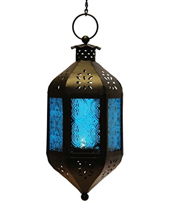 Blue Glass Hanging Moroccan Candle Lantern with Chain